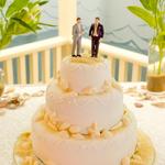 Beach themed cake with white chocolate shells